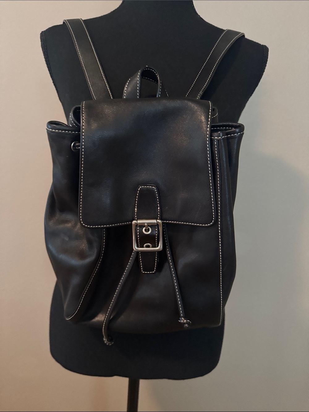 Coach Black Leather Backpack with White Topstitching